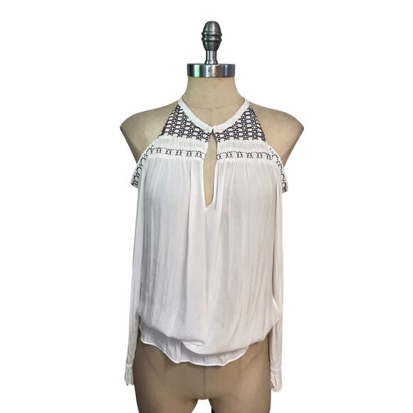 Ramy Brook White Smocked Cold Shoulder Top Embroidered XS - Picture 1 of 5
